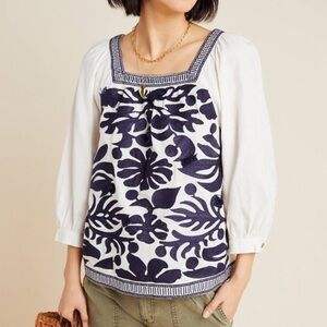 NWT Anthropologie Maeve Liyah Embroidered Top Cotton Linen Navy White Size 8
